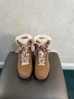 Bionico Beige Faux Suede Faux Fur Lined Winter Ankle Boots Lace Up